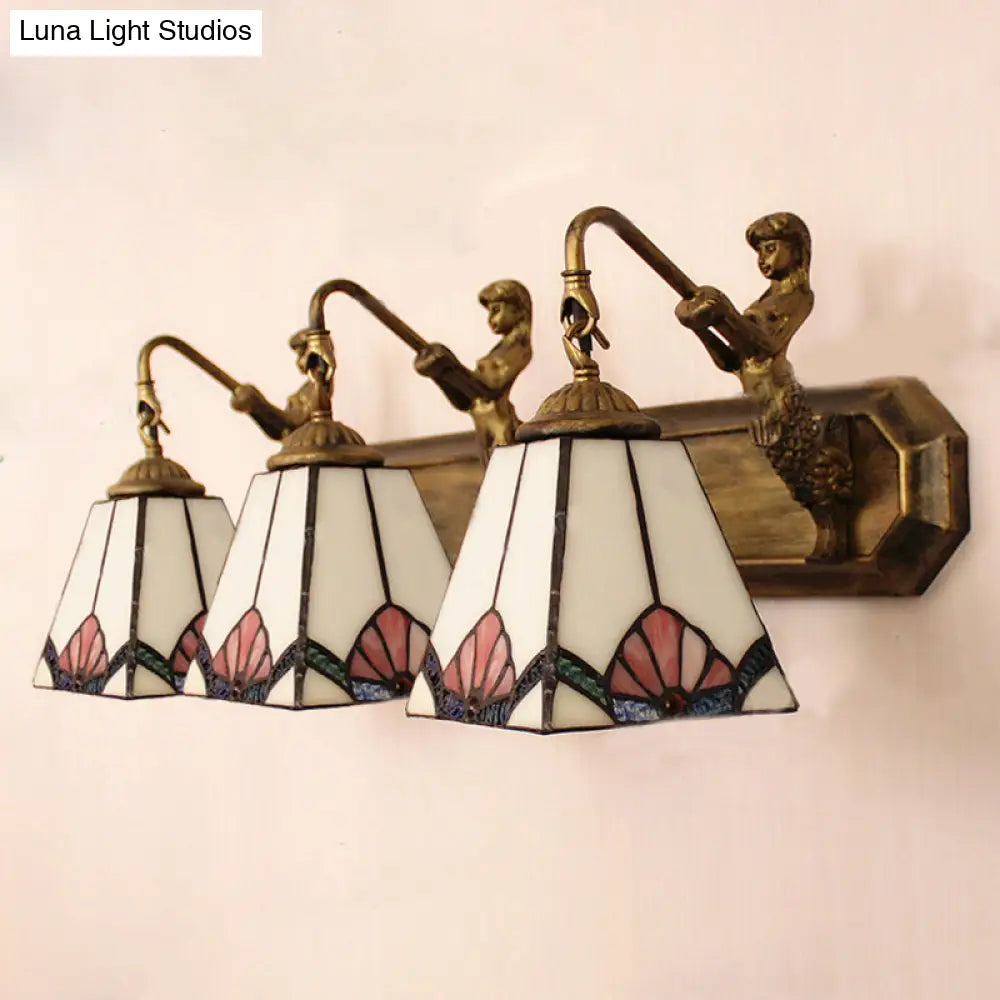 Tiffany White Glass Trapezoid Wall Mount Light With Mermaid Decoration - 3 Lights Brass Vanity