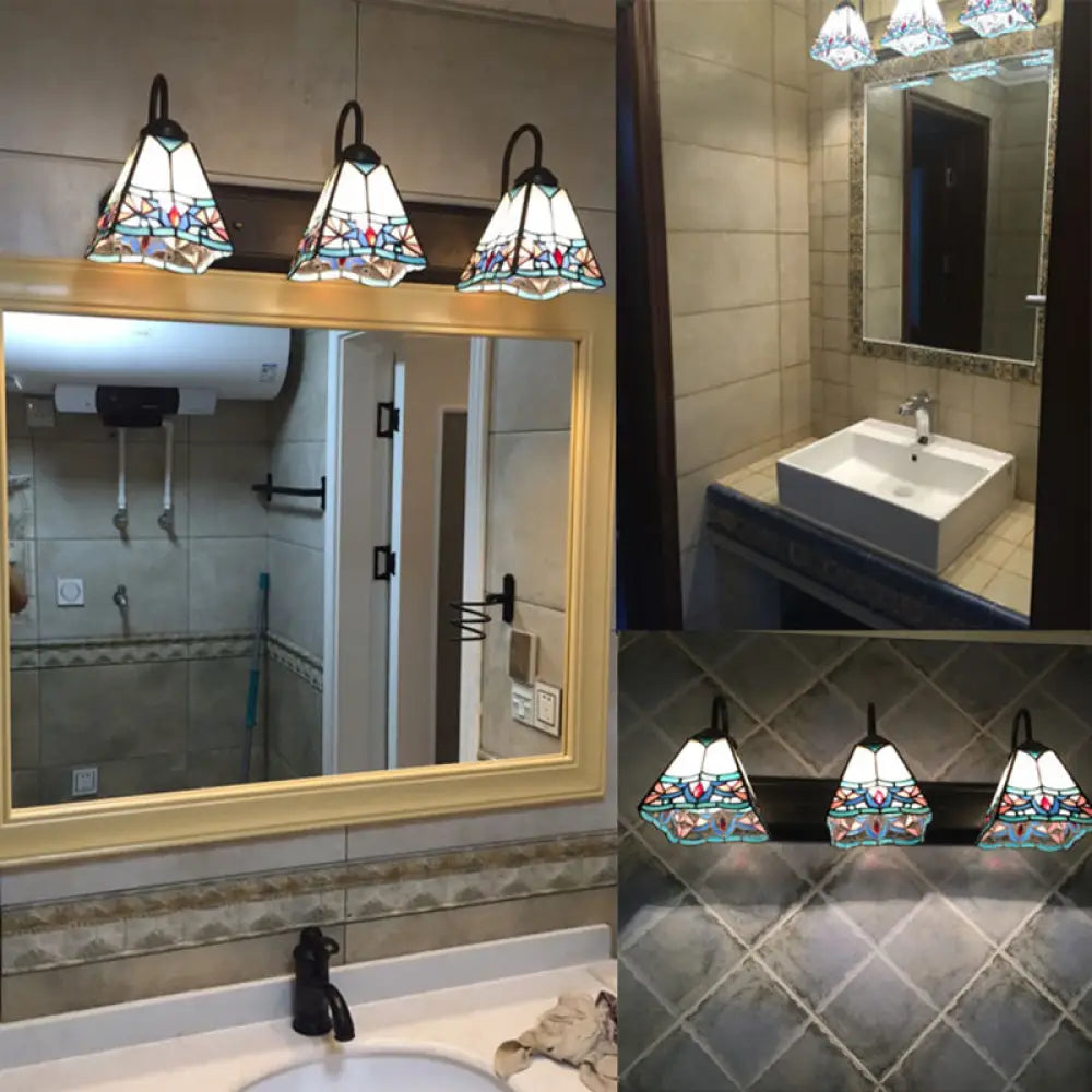 Tiffany White Glass Vanity Sconce With 3 Head Pyramid Design For Bathroom Wall Mounting