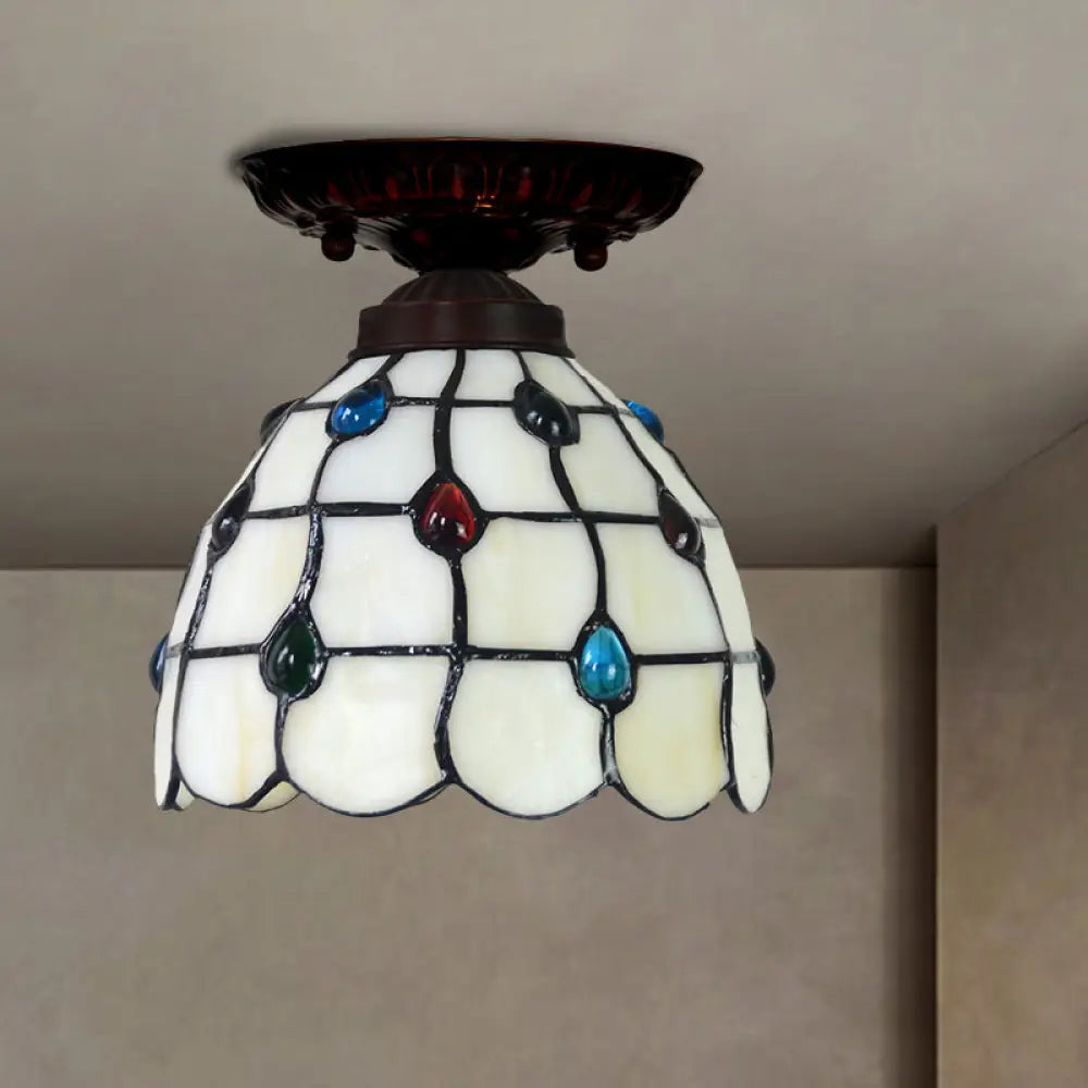 Tiffany White Grid Glass Flush Mount Ceiling Light With Jewels Beige / Bell