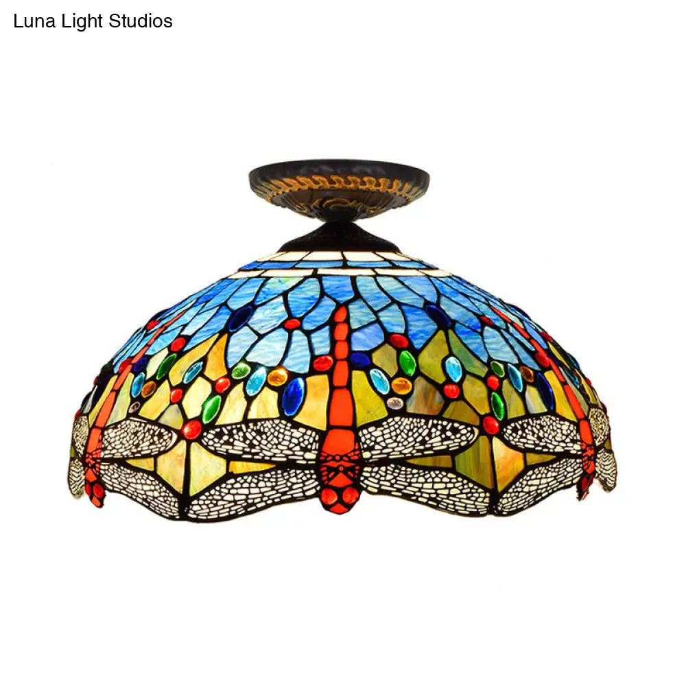 Tiffany White/Red Dragonfly Stained Glass Porch Ceiling Mount Lamp