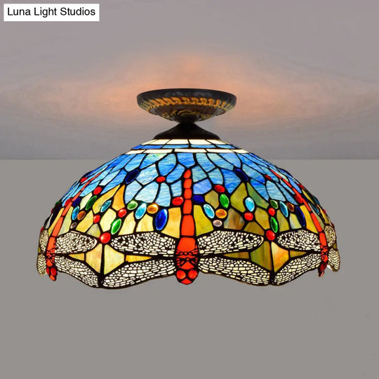 Tiffany White/Red Dragonfly Stained Glass Porch Ceiling Mount Lamp White