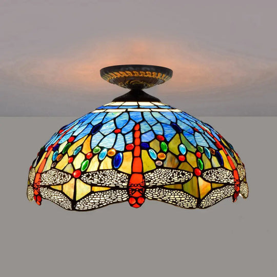 Tiffany White/Red Dragonfly Stained Glass Porch Ceiling Mount Lamp White