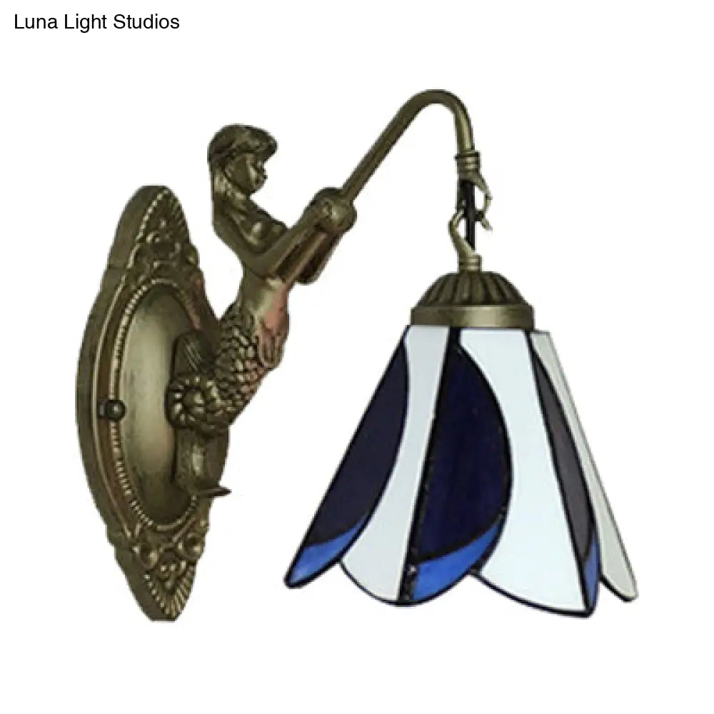 Tiffany Yellow/Blue-White Glass Sconce Light With Mermaid Backplate