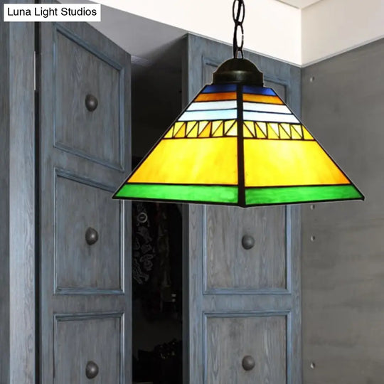 Tiffany Yellow Foyer Pendant With Stained Glass Shade