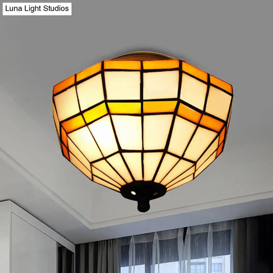 Tiffany Yellow Glass Lattice Bowl Flush Mount Ceiling Light For Study Room