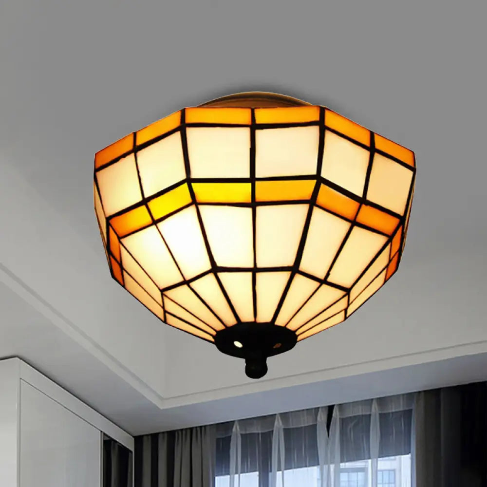 Tiffany Yellow Glass Lattice Bowl Flush Mount Ceiling Light For Study Room