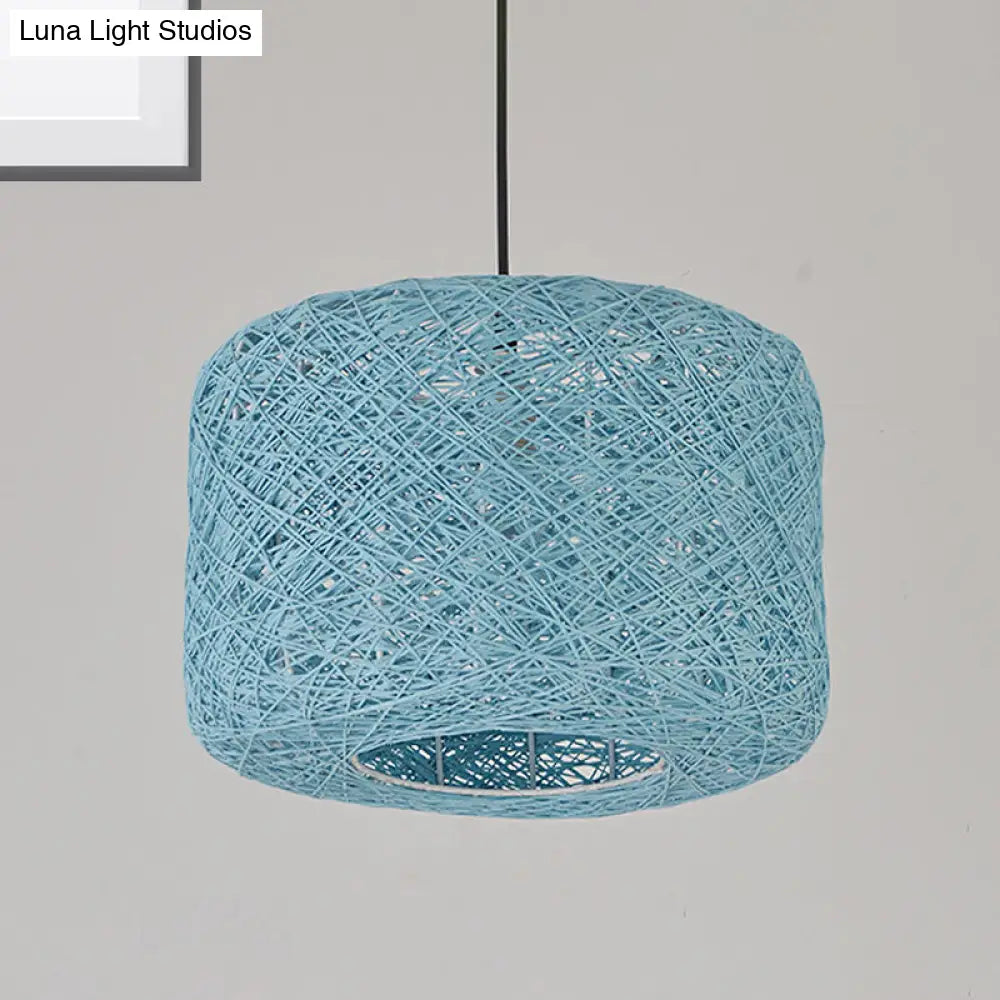 Rattan Drum Pendant Light 1 Bulb 12/16/18 Wide Beige/Blue Ceiling Hanging Blue / 12