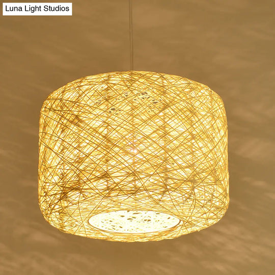 Tradition Rattan Drum Pendant Light - 1 Bulb 12’’/16’’/18’’ Wide Beige/Blue Hanging Ceiling