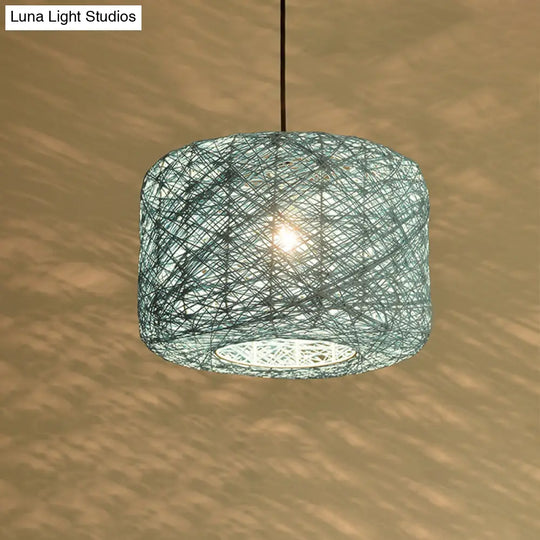 Tradition Rattan Drum Pendant Light - 1 Bulb 12’’/16’’/18’’ Wide Beige/Blue Hanging Ceiling