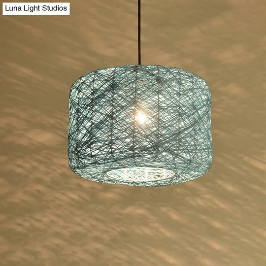 Rattan Drum Pendant Light 1 Bulb 12/16/18 Wide Beige/Blue Ceiling Hanging