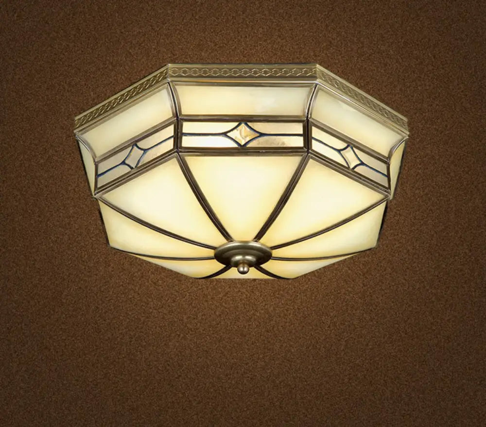 Tradition Textured Glass Octagon Flush Mount Ceiling Light Fixture: Brass 4 Bulbs Bedroom