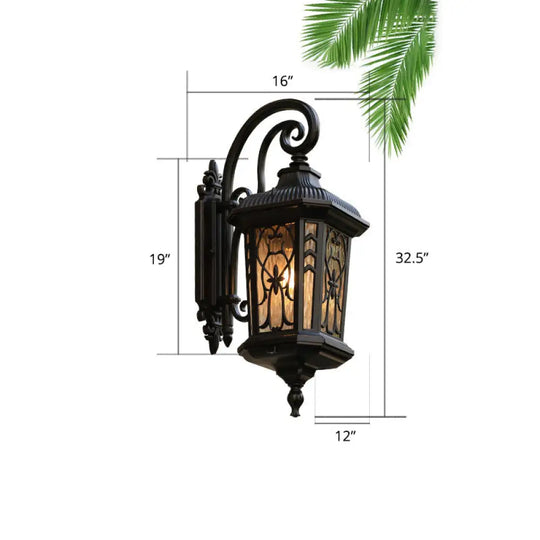 Traditional 1-Head Glass Shaded Lantern Wall Sconce - Black Patio Mount Light Fixture / Large Flower