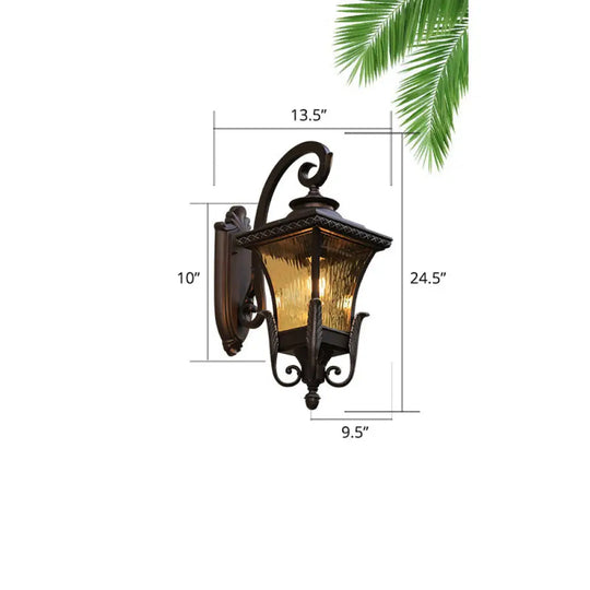 Traditional 1-Head Glass Shaded Lantern Wall Sconce - Black Patio Mount Light Fixture / Medium