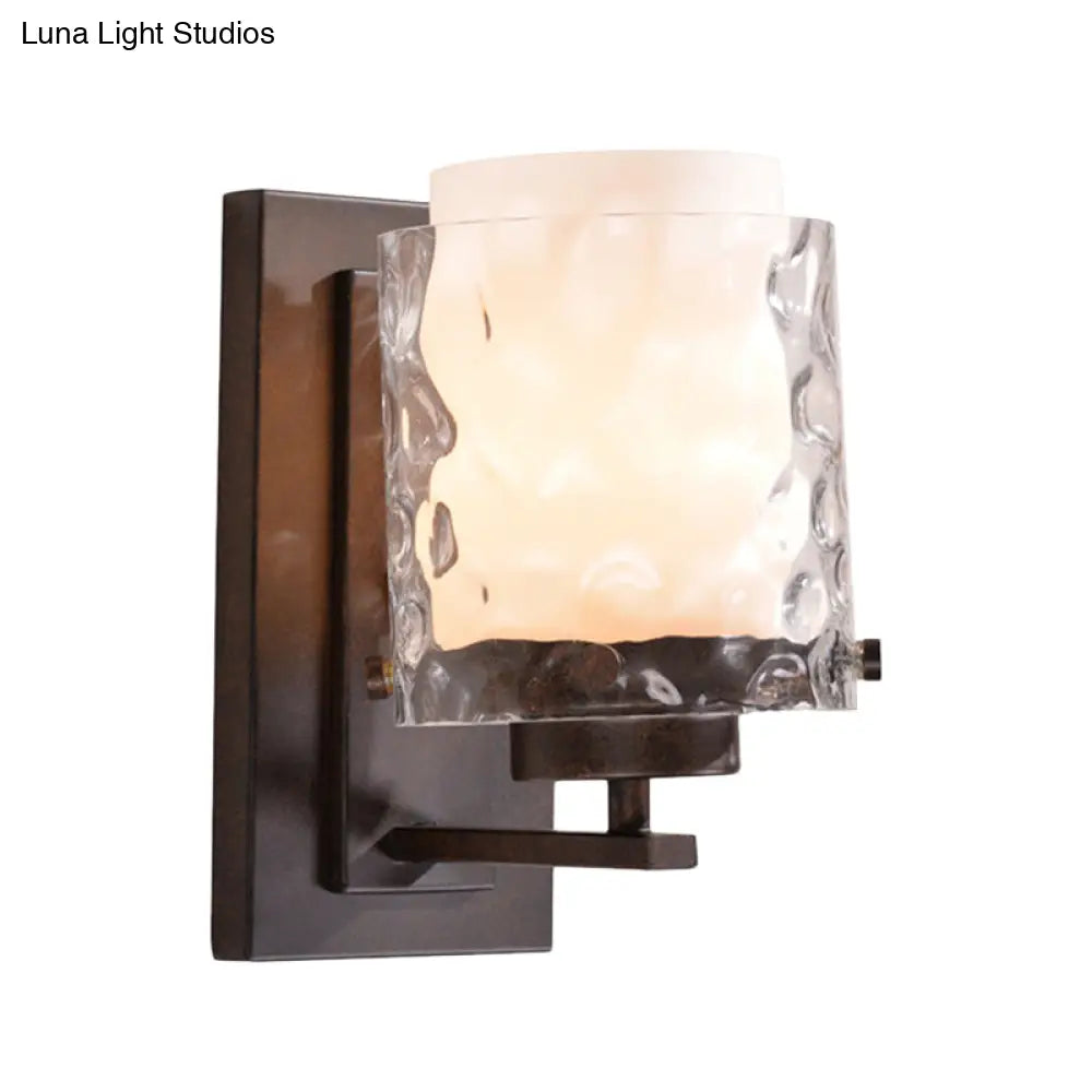 Traditional 1-Light Black Cylinder Sconce Lamp With Clear Water Glass And White Inner Shade