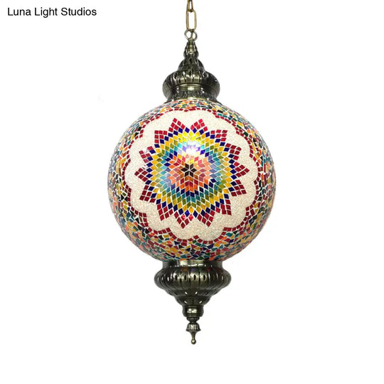 Traditional 1-Light Cut Glass Globe Pendant Lamp In Red/Yellow/Blue For Dining Room Suspension