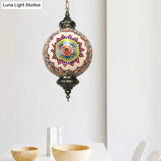 Traditional 1-Light Cut Glass Globe Pendant Lamp In Red/Yellow/Blue For Dining Room Suspension