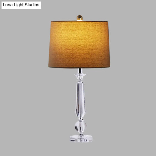 Traditional 1-Light Drum Night Table Lamp With Crystal Base - White/Brown/Beige Fabric Bedroom