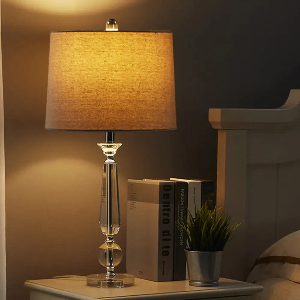 Traditional 1-Light Drum Night Table Lamp With Crystal Base - White/Brown/Beige Fabric Bedroom