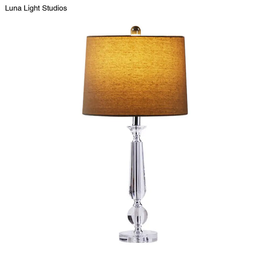 Traditional 1-Light Drum Night Table Lamp With Crystal Base - White/Brown/Beige Fabric Bedroom