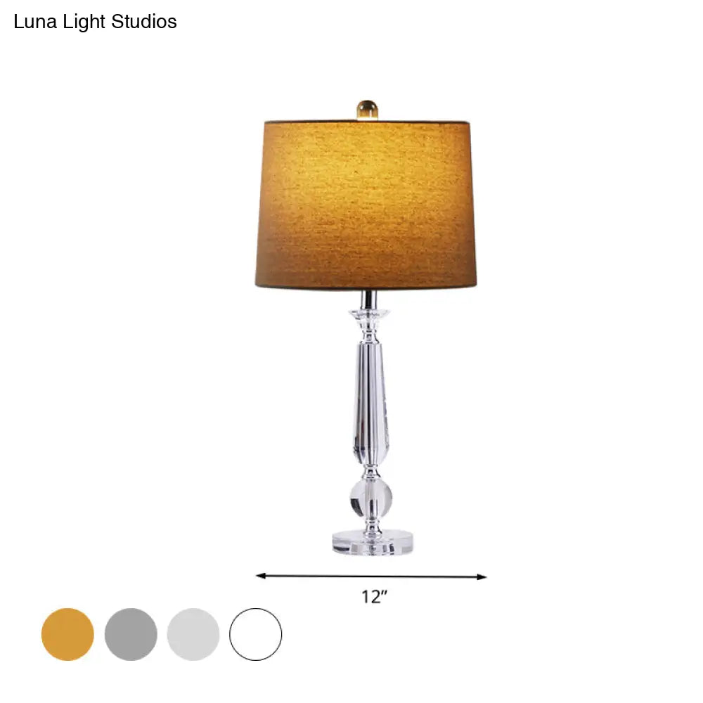 Traditional 1-Light Drum Night Table Lamp With Crystal Base - White/Brown/Beige Fabric Bedroom