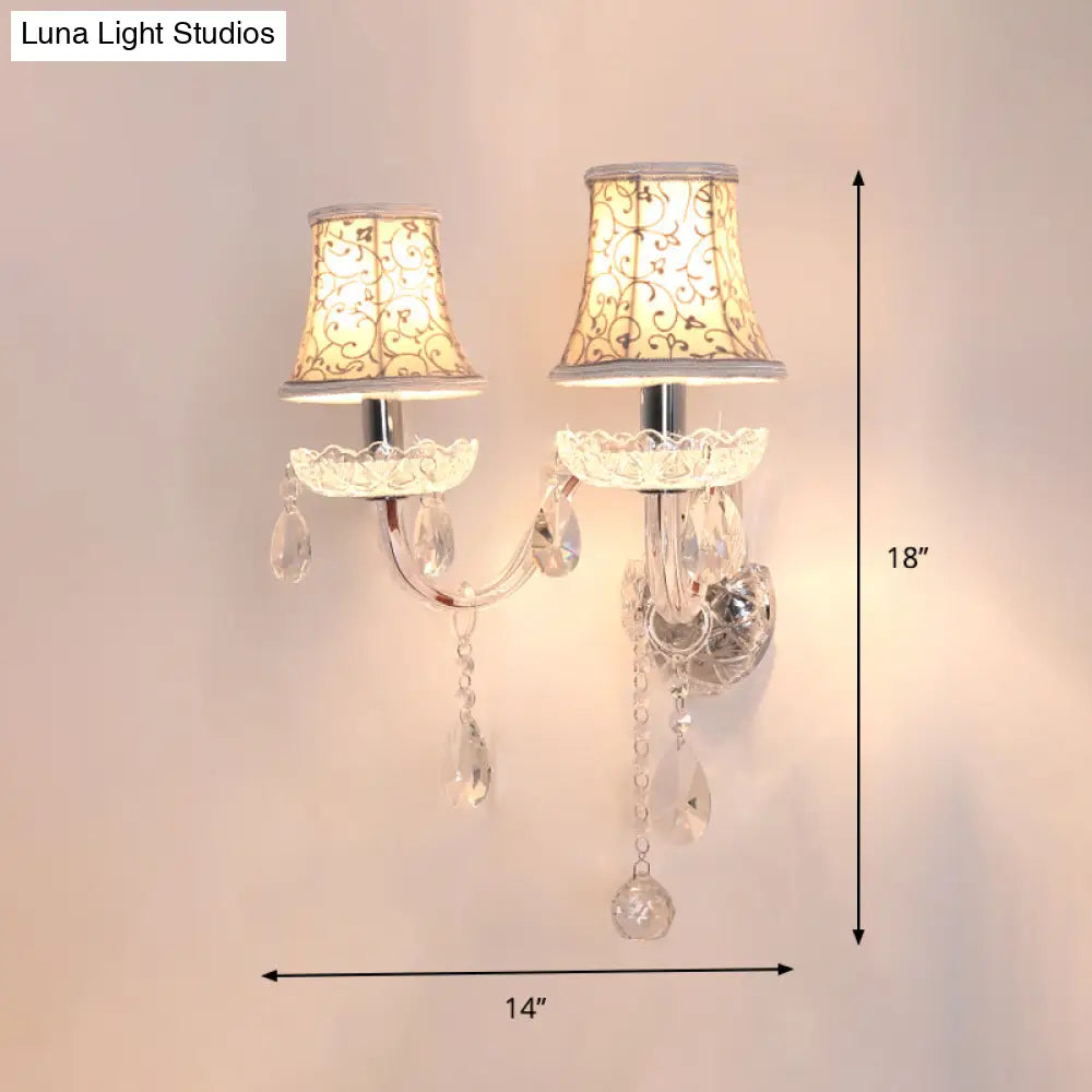 Traditional 2-Headed Wall Sconce With Bell Shade Flower-Patterned Fabric & Crystal Droplets For