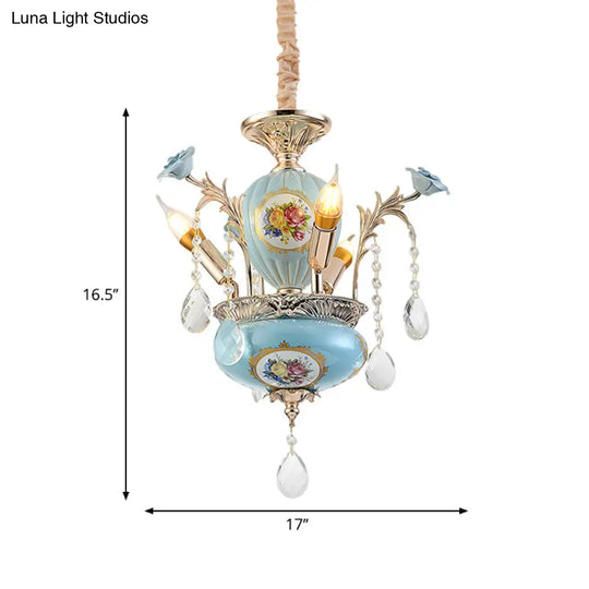 Blue Traditional Ceramic Hanging Chandelier - 2 Layers 3-Light Corridor Pendant Lamp