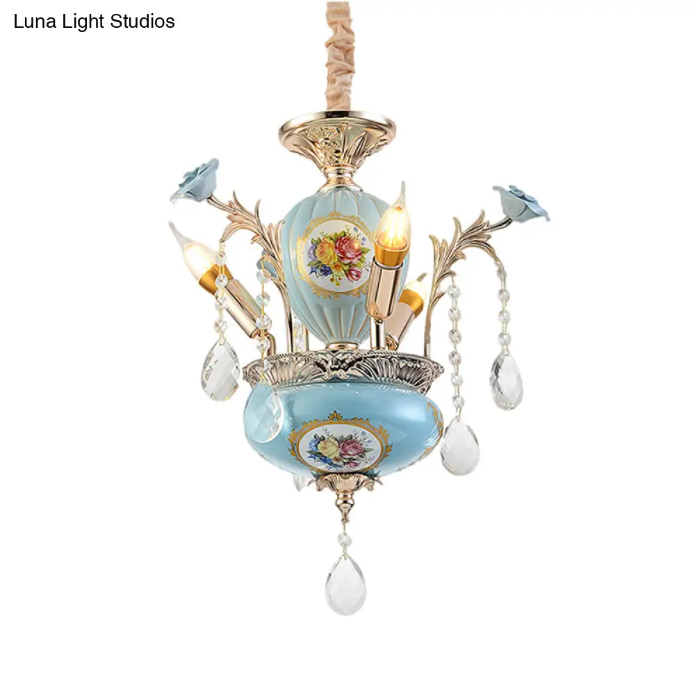 Traditional 2-Layer Blue Ceramic Chandelier - 3-Light Pendant Lamp For Corridor Ceiling