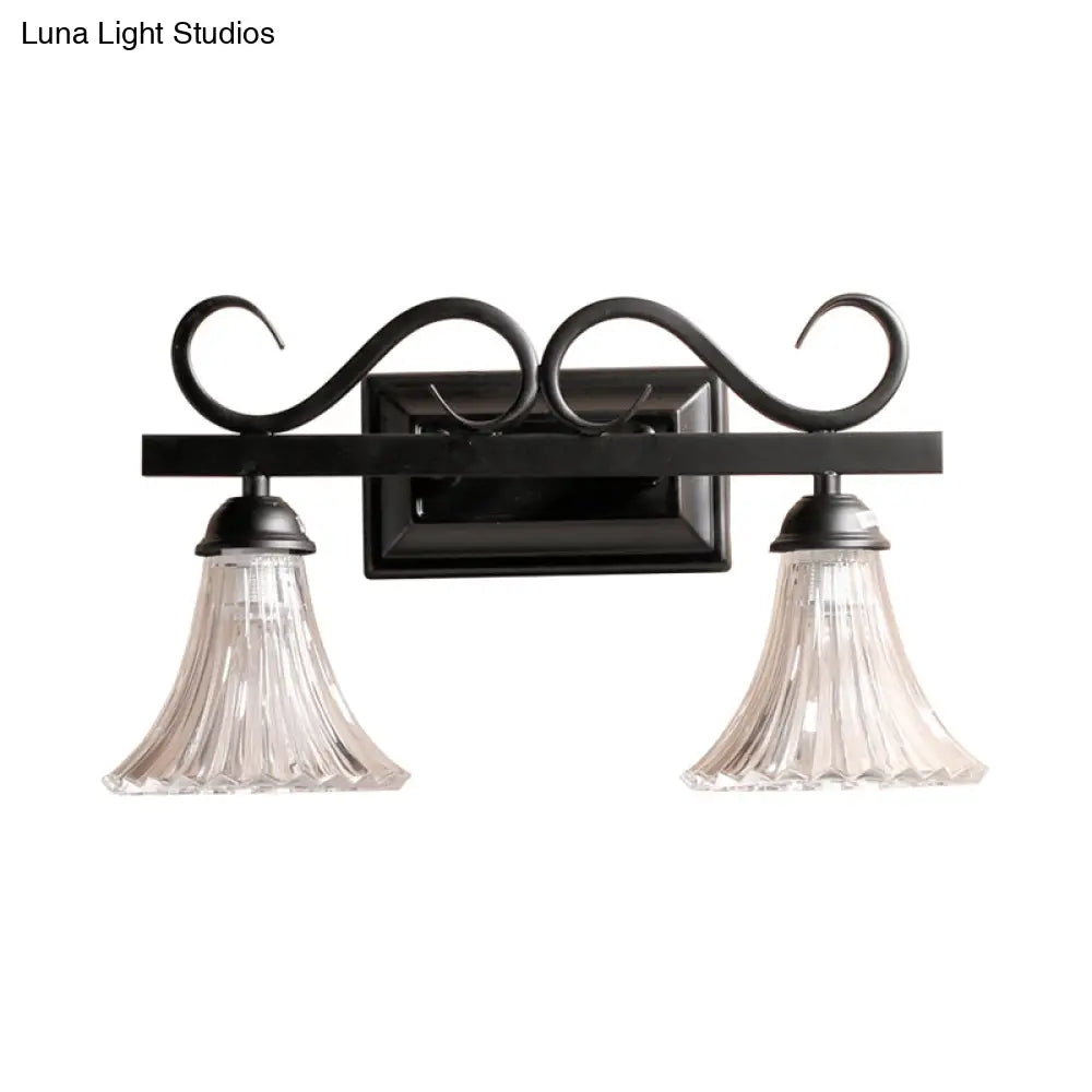 Traditional 2-Light Wall Fixture With Clear Textured Glass For Bathroom Makeup Lighting