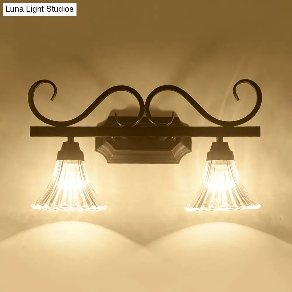 Traditional 2-Light Wall Fixture With Clear Textured Glass For Bathroom Makeup Lighting