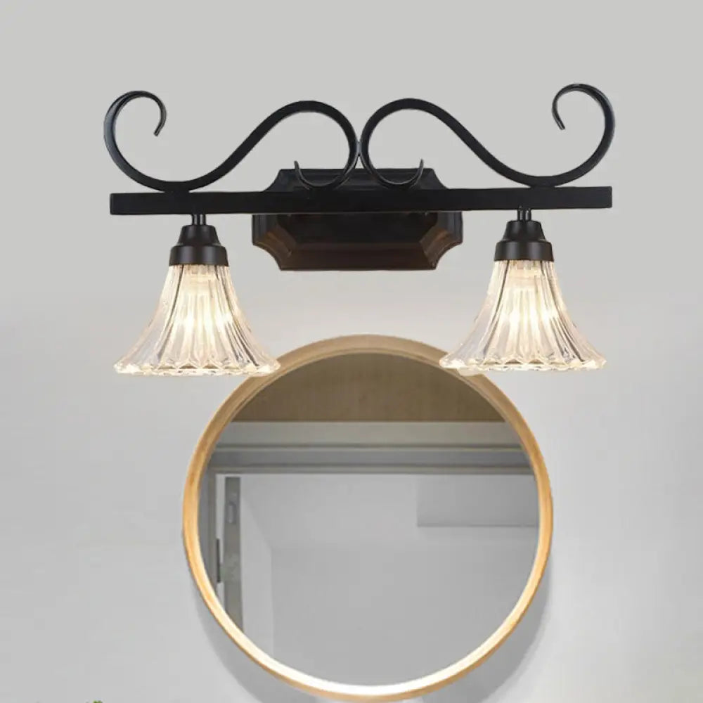 Traditional 2-Light Wall Fixture With Clear Textured Glass For Bathroom Makeup Lighting Black