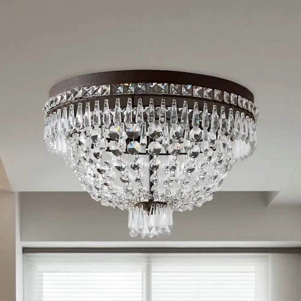 Traditional 3 - Head Crystal Strand Basket Flushmount Ceiling Lamp In Black