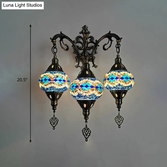 Traditional 3-Head Oval Hand Cut Glass Wall Light In White/Red/Yellow For Living Room Sconce