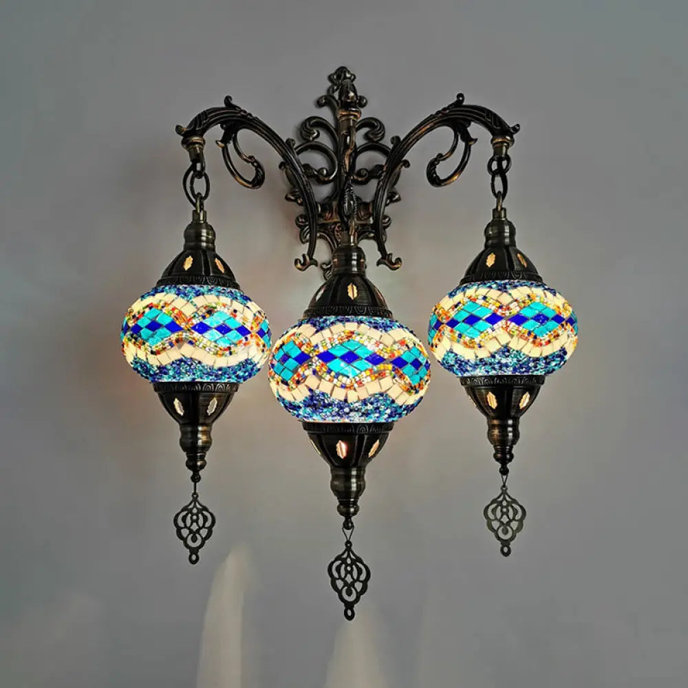 Traditional 3-Head Oval Hand Cut Glass Wall Light In White/Red/Yellow For Living Room Sconce Blue