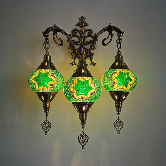 Traditional 3-Head Oval Hand Cut Glass Wall Light In White/Red/Yellow For Living Room Sconce Green