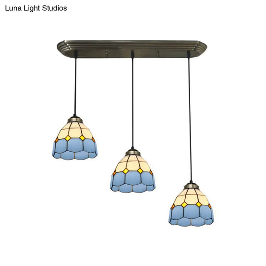 Bronze Stained Glass Pendant Light With Traditional Shade Design - 3 Heads / Blue Square