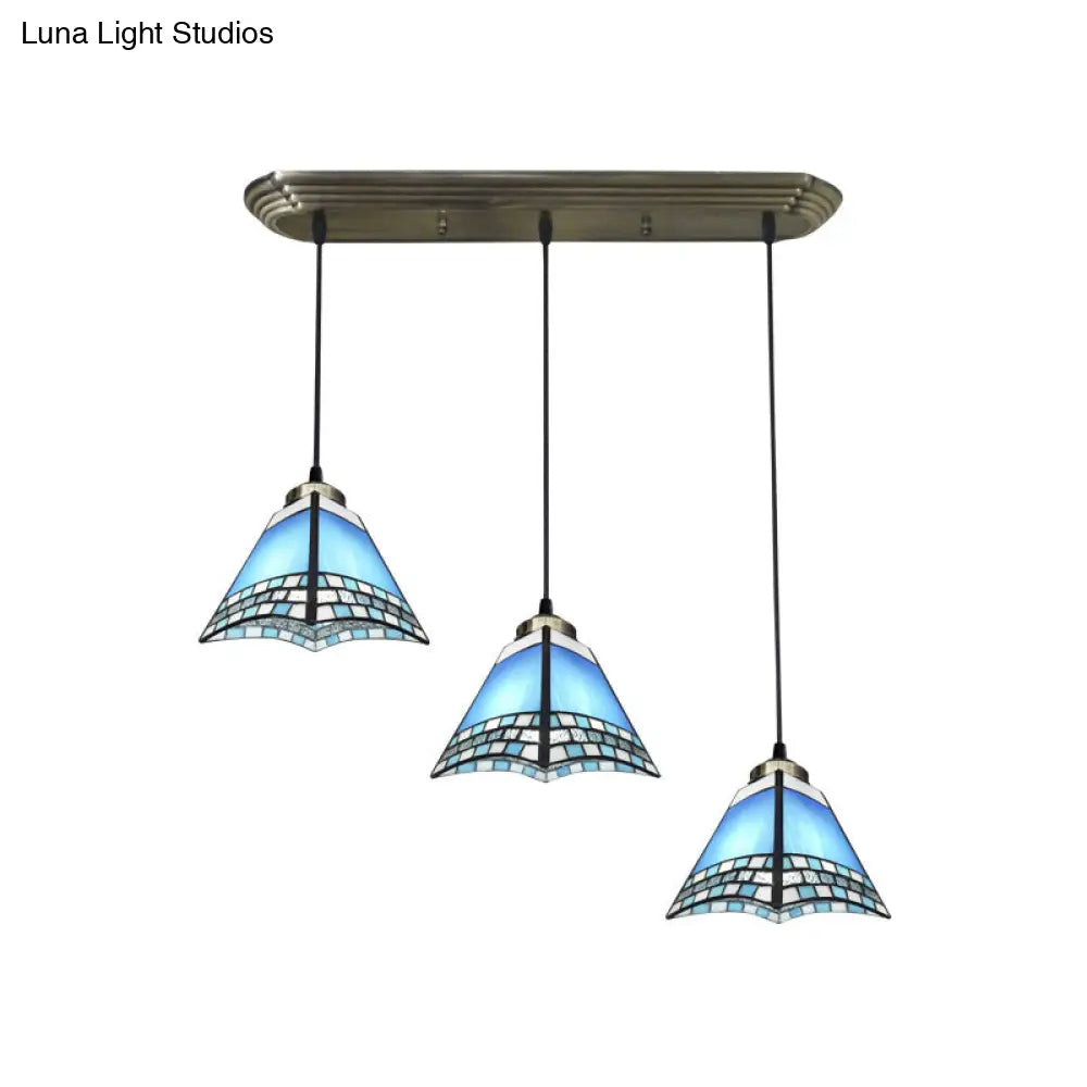 Traditional 3-Head Stained Glass Pendant Light In Bronze With Shaded Hanging Design