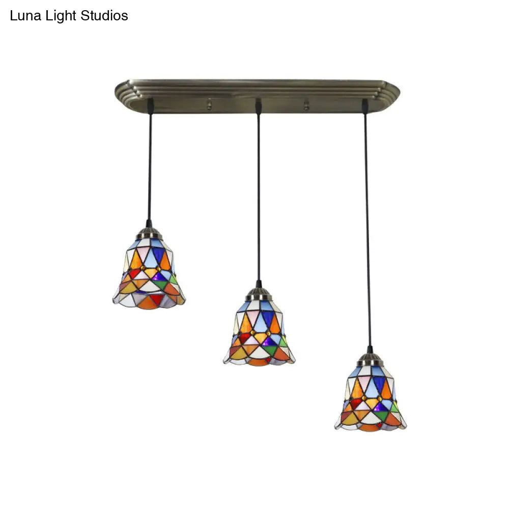 Bronze Stained Glass Pendant Light With Traditional Shade Design - 3 Heads / Geometric