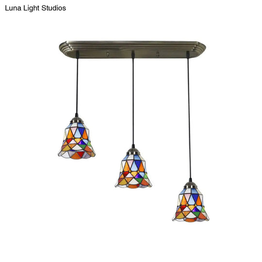 Bronze Stained Glass Pendant Light With Traditional Shade Design - 3 Heads / Geometric