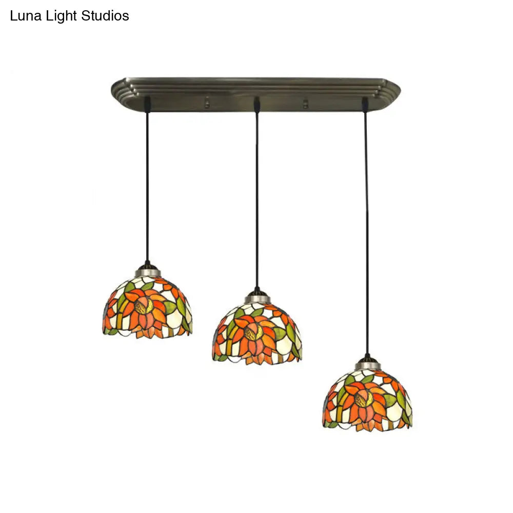 Bronze Stained Glass Pendant Light With Traditional Shade Design - 3 Heads / Sunflower