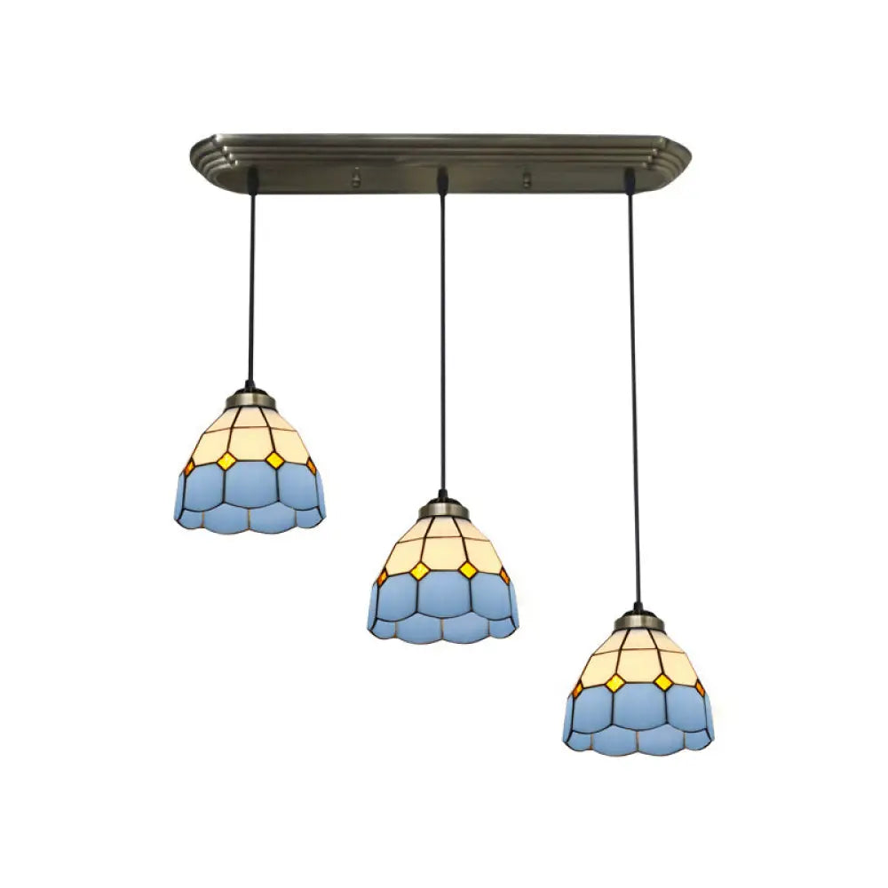 Traditional 3-Head Stained Glass Pendant Light In Bronze With Shaded Hanging Design / Blue Square