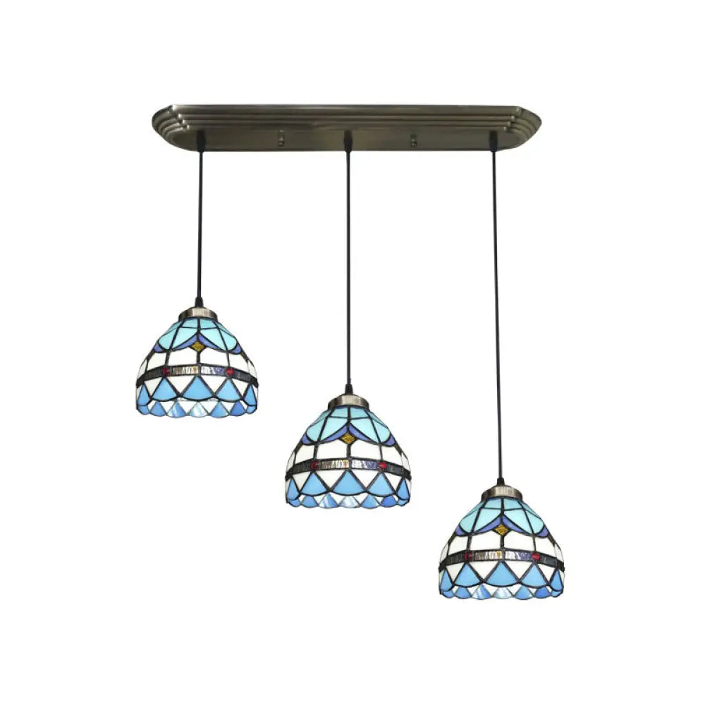 Traditional 3-Head Stained Glass Pendant Light In Bronze With Shaded Hanging Design / Feather