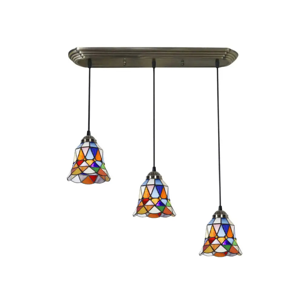 Traditional 3-Head Stained Glass Pendant Light In Bronze With Shaded Hanging Design / Geometric