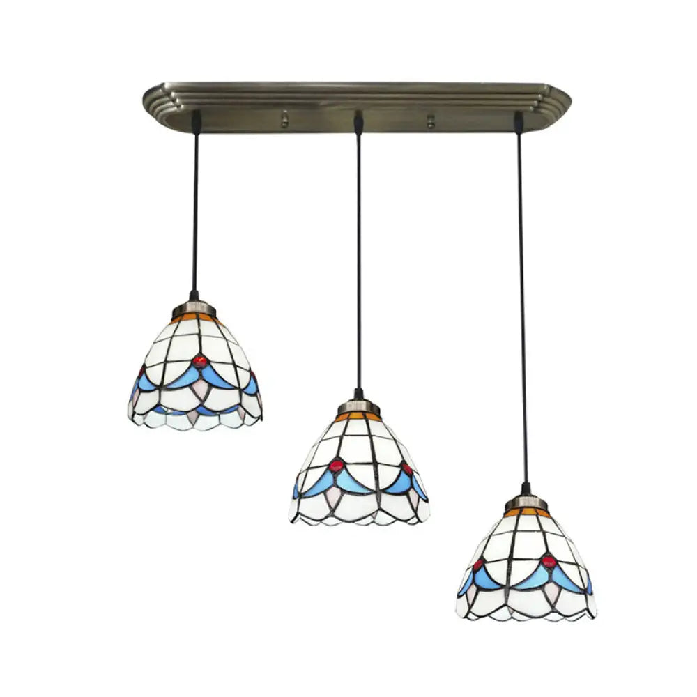 Traditional 3-Head Stained Glass Pendant Light In Bronze With Shaded Hanging Design / Lily