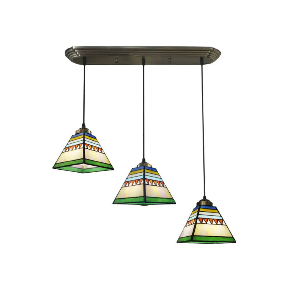 Traditional 3-Head Stained Glass Pendant Light In Bronze With Shaded Hanging Design / Striped