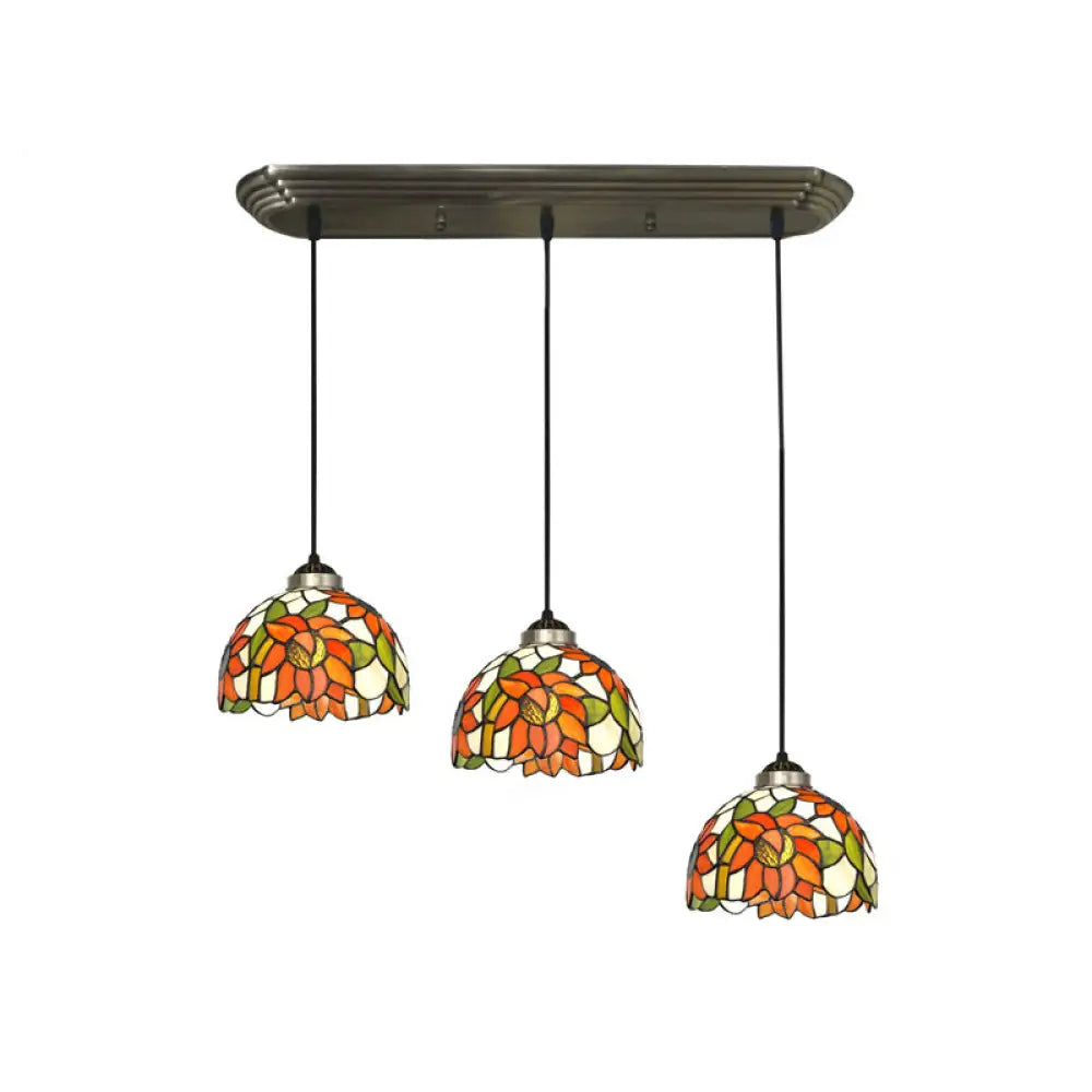 Traditional 3-Head Stained Glass Pendant Light In Bronze With Shaded Hanging Design / Sunflower