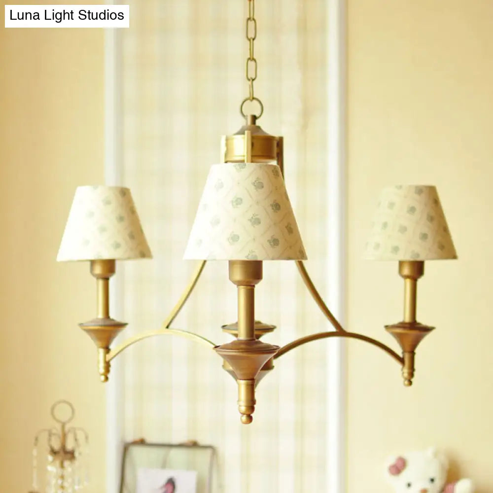 Traditional 3-Light Cone Fabric Chandelier For Bedroom - Pendant Lighting In Green/Beige/Gray And