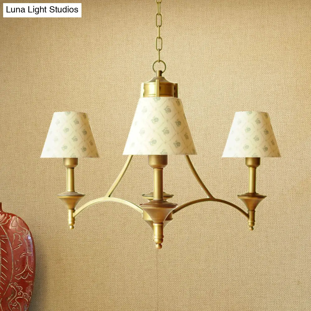 Traditional 3-Light Cone Fabric Chandelier For Bedroom - Pendant Lighting In Green/Beige/Gray And