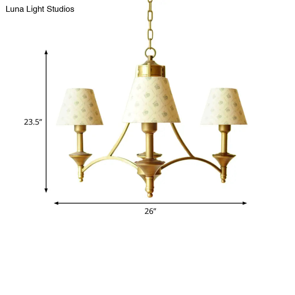 Traditional 3-Light Cone Fabric Chandelier For Bedroom - Pendant Lighting In Green/Beige/Gray And