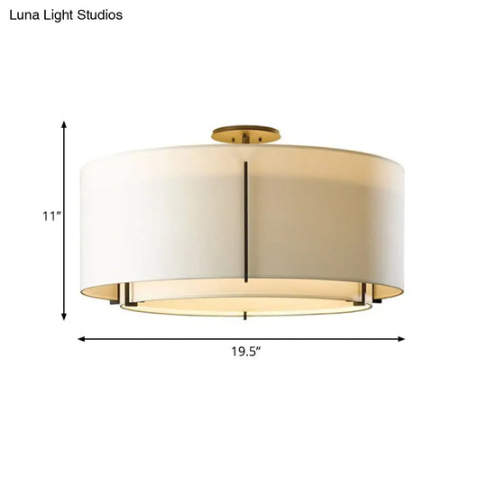 Traditional 3-Light Dual Drum Fabric Semi-Mount Ceiling Lamp White