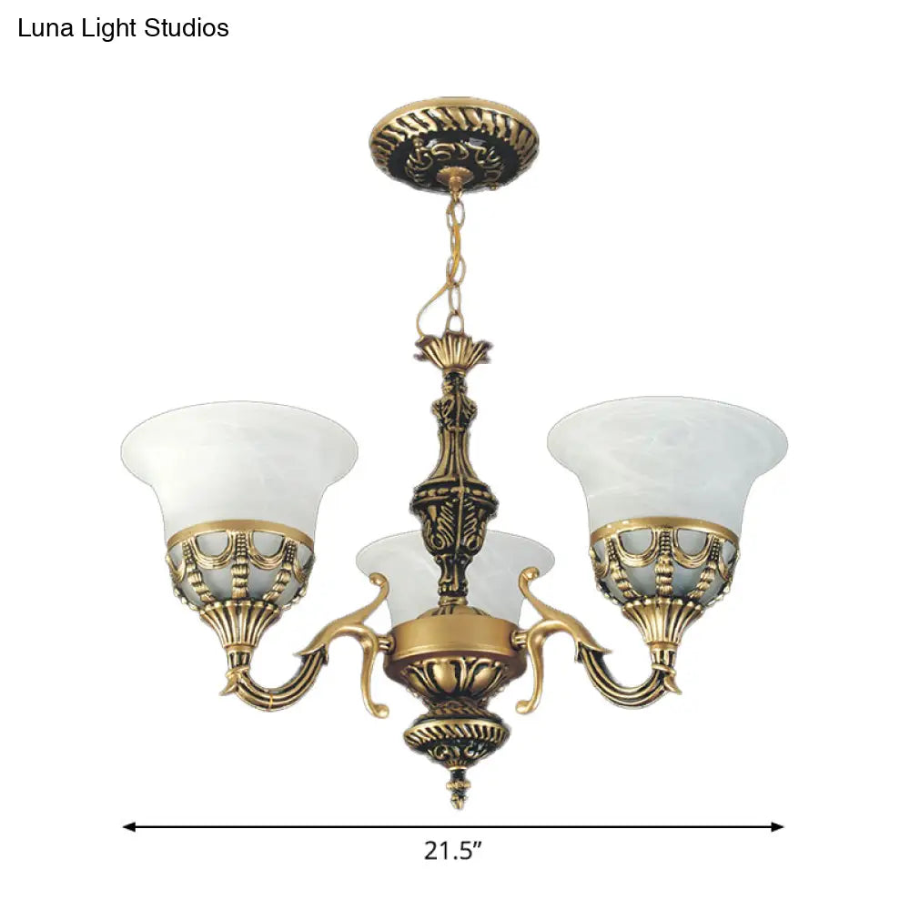 Traditional 3-Light Pendant Chandelier With Alabaster Glass Shade In Bronze